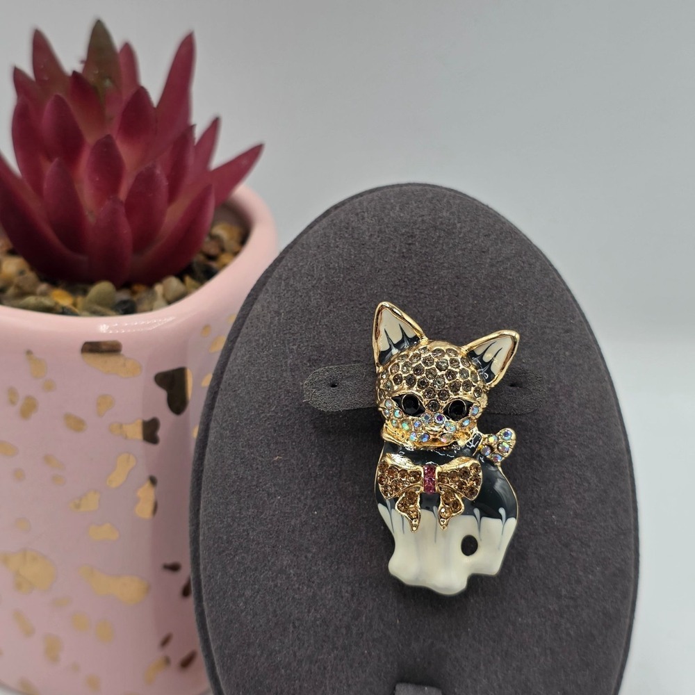 Cute Enamel Crystal Cat Brooch Pin Rhinestone Bow Whimsical Animal Jewelry